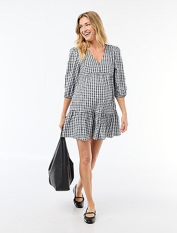 Vestido midi com folhos e padrão axadrezado