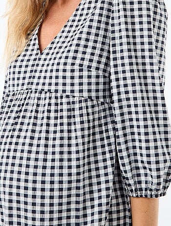 Vestido midi com folhos e padrão axadrezado