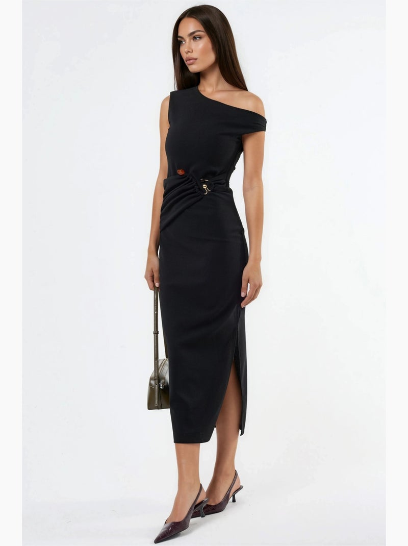 Vestido midi com gola assimétrica e detalhes de acessório busem Preto - Kiabi