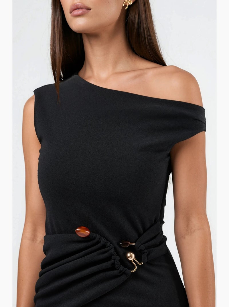 Vestido midi com gola assimétrica e detalhes de acessório busem Preto - Kiabi
