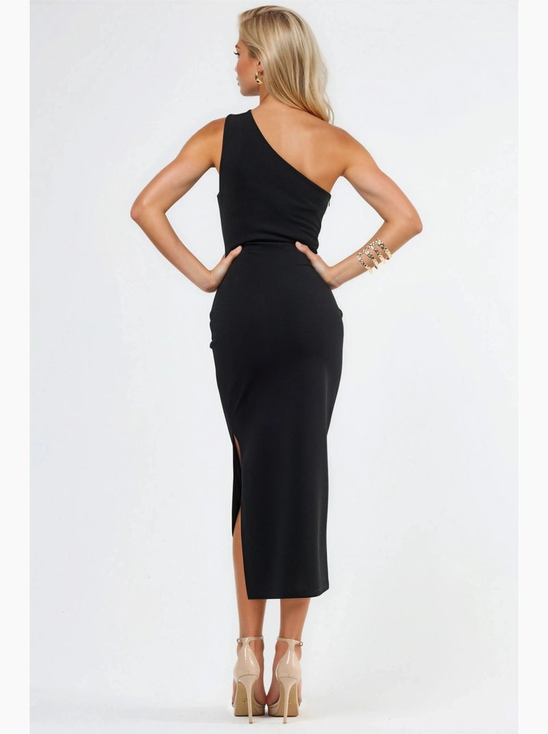 Vestido midi com gola assimétrica e detalhes de acessórios busem Preto - Kiabi