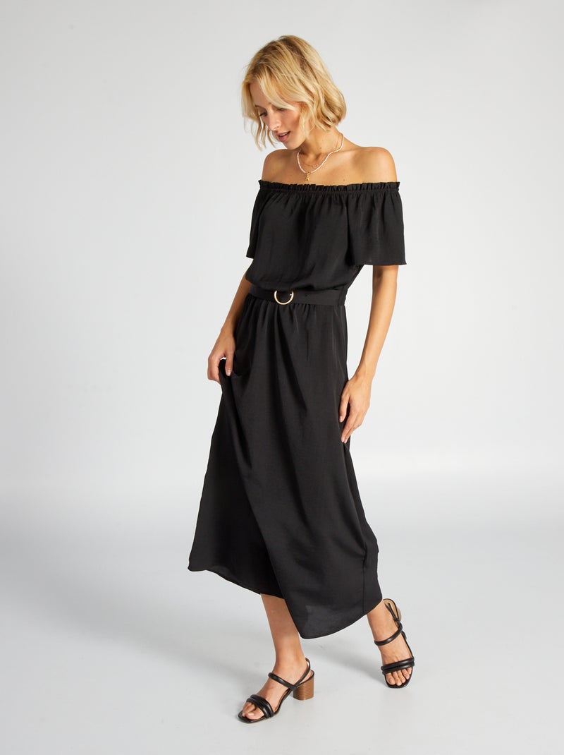Vestido midi com gola bardot Preto - Kiabi