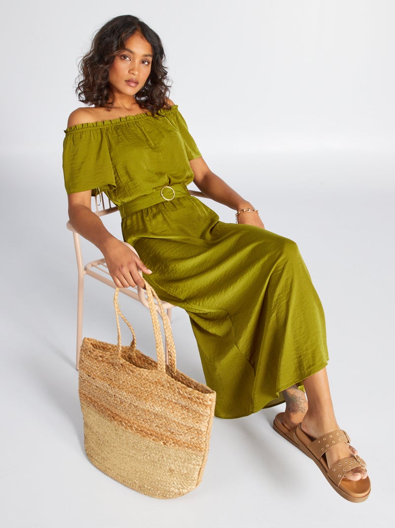 Vestido midi com gola bardot VERDE - Kiabi