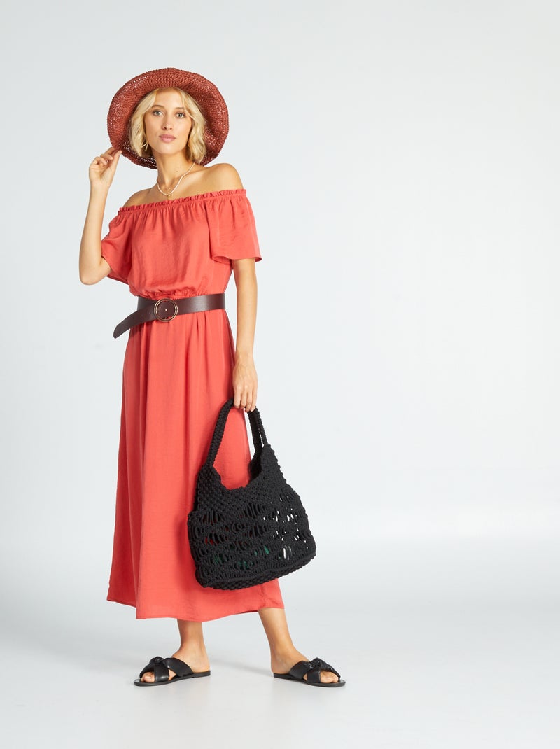 Vestido midi com gola bardot Vermelho Framboesa - Kiabi