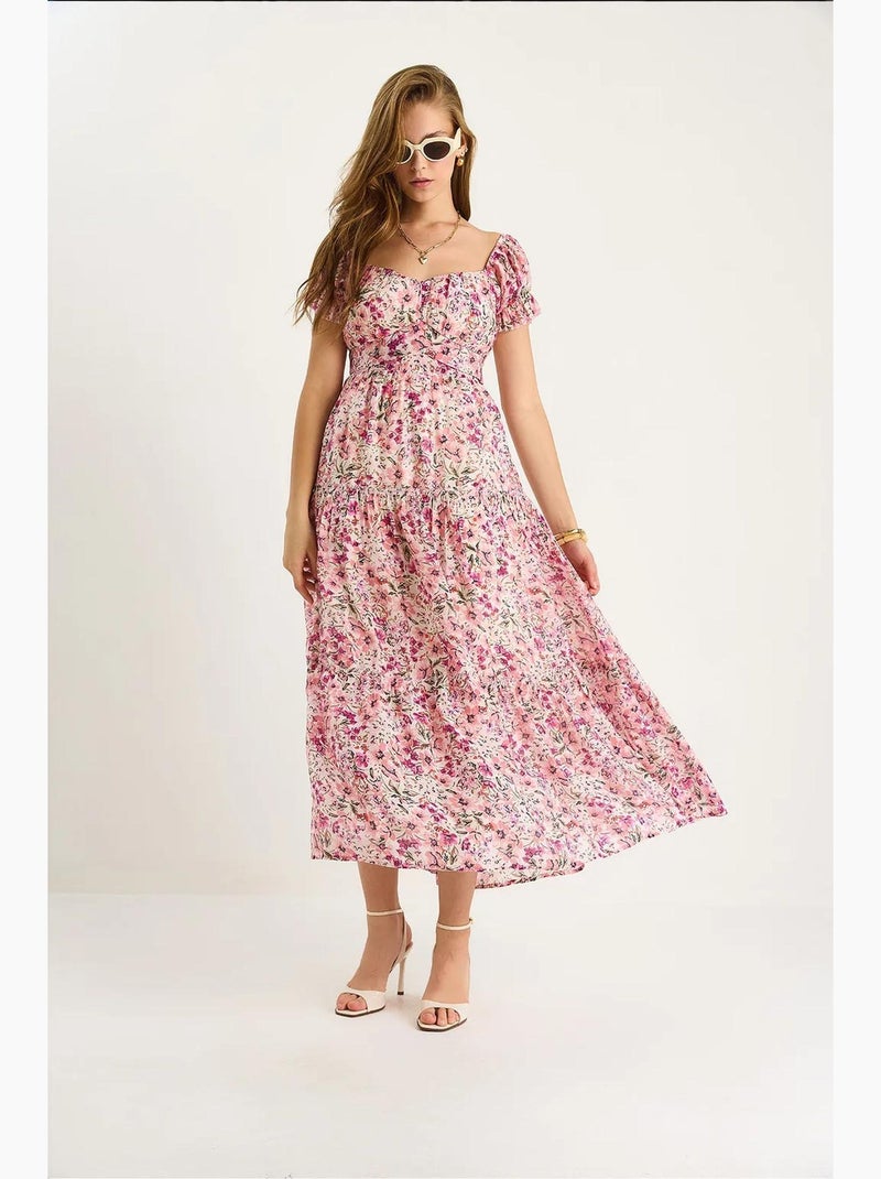 Vestido midi com gola em coração e estampado floral lucci Rosa-claro - Kiabi