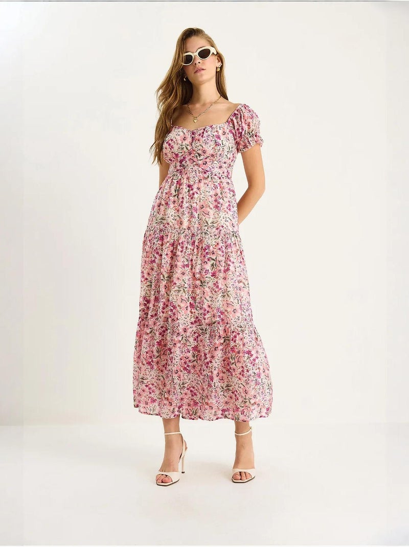 Vestido midi com gola em coração e estampado floral lucci Rosa-claro - Kiabi
