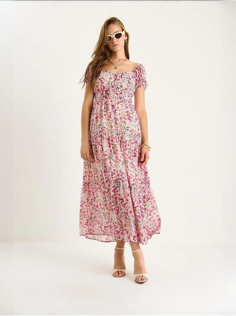 Vestido midi com gola em coração e estampado floral lucci Rosa-claro - Kiabi
