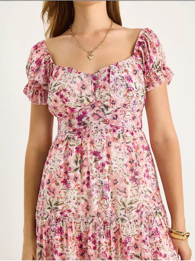 Vestido midi com gola em coração e estampado floral lucci Rosa-claro - Kiabi