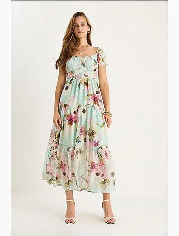 Vestido midi com gola em coração e estampado floral lucci