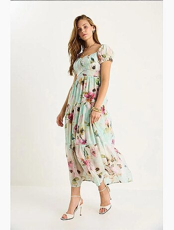 Vestido midi com gola em coração e estampado floral lucci