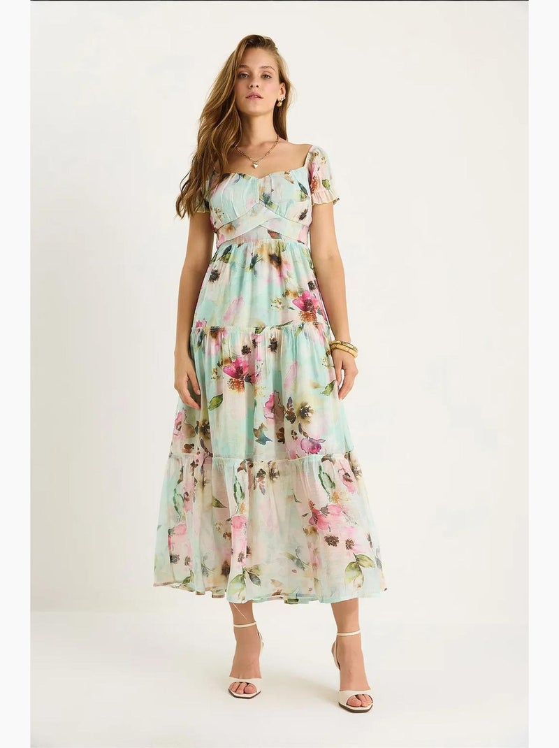 Vestido midi com gola em coração e estampado floral lucci Verde menta - Kiabi