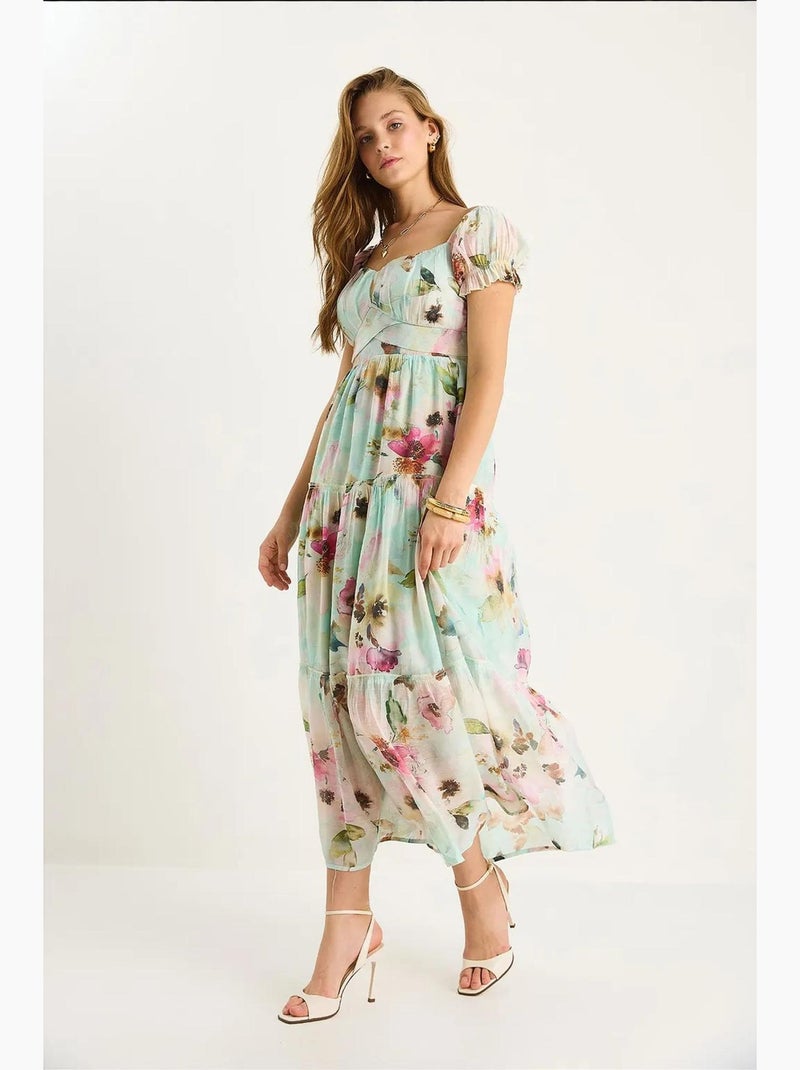 Vestido midi com gola em coração e estampado floral lucci Verde menta - Kiabi