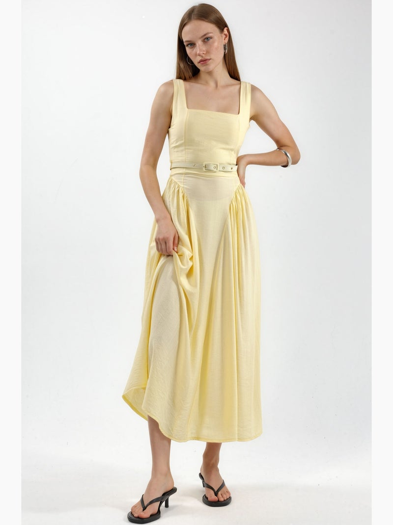 Vestido midi com gola quadrada e cinto busem Amarelo-limão - Kiabi
