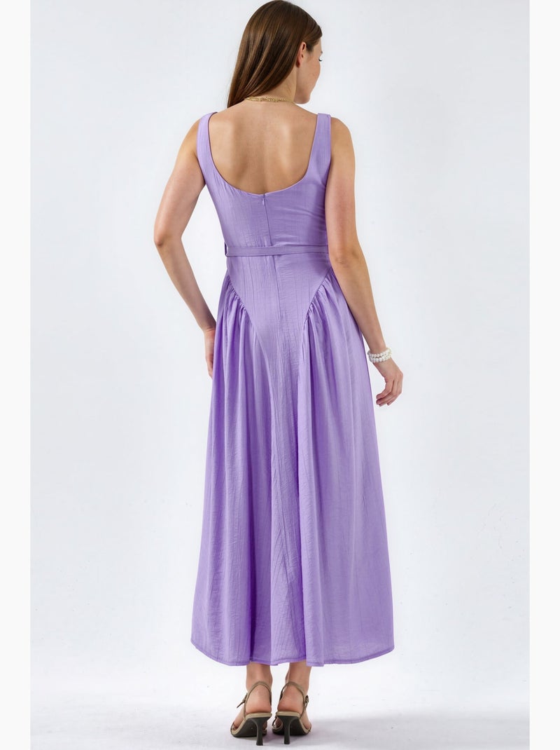 Vestido midi com gola quadrada e cinto busem Azul-lavanda - Kiabi