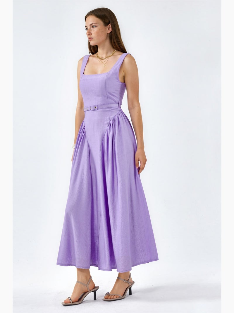 Vestido midi com gola quadrada e cinto busem Azul-lavanda - Kiabi