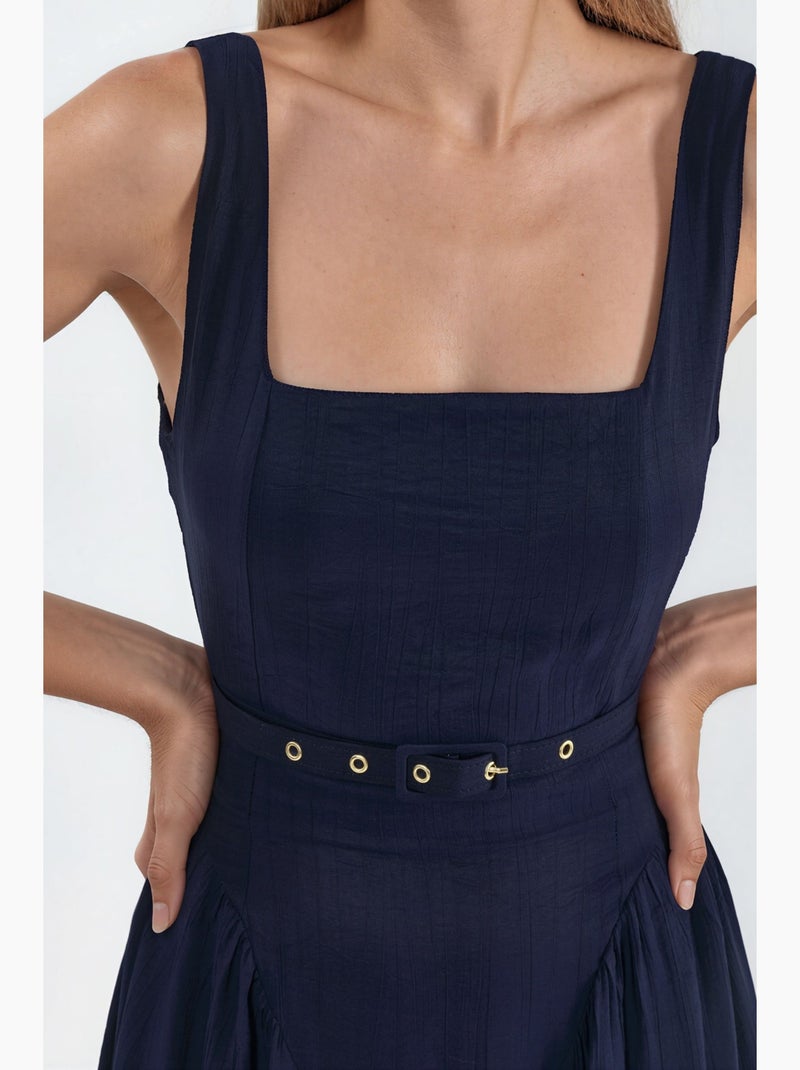 Vestido midi com gola quadrada e cinto busem Azul-marinho - Kiabi