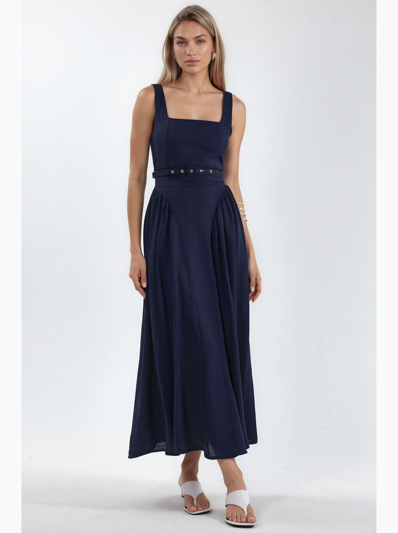 Vestido midi com gola quadrada e cinto busem Azul-marinho - Kiabi