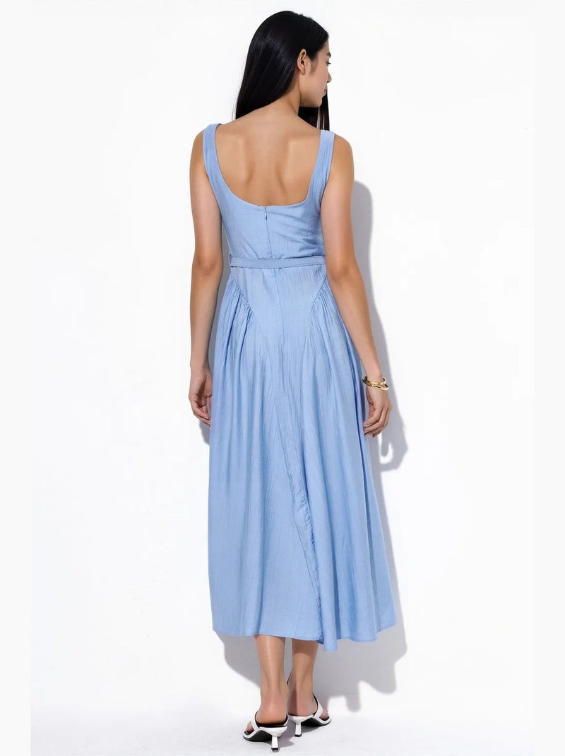 Vestido midi com gola quadrada e cinto busem Azul - Kiabi