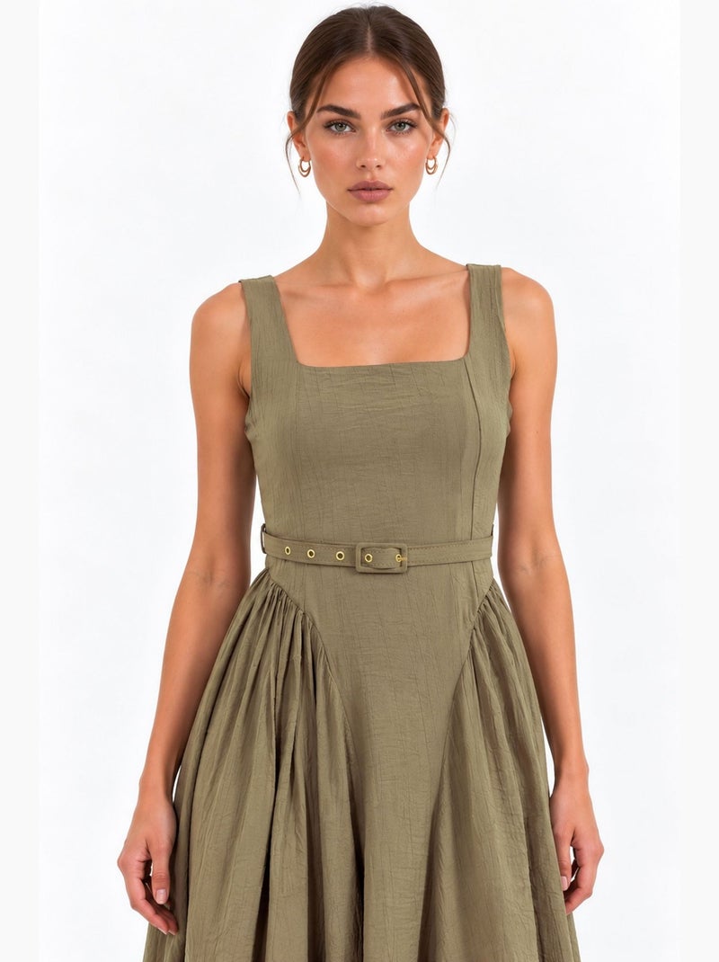 Vestido midi com gola quadrada e cinto busem Cáqui - Kiabi