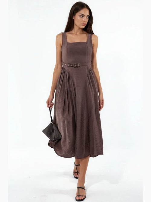 Vestido midi com gola quadrada e cinto busem - Kiabi