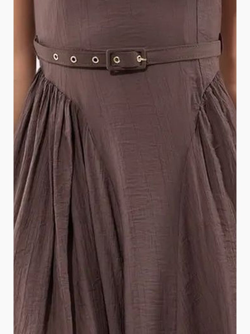 Vestido midi com gola quadrada e cinto busem Castanho - Kiabi