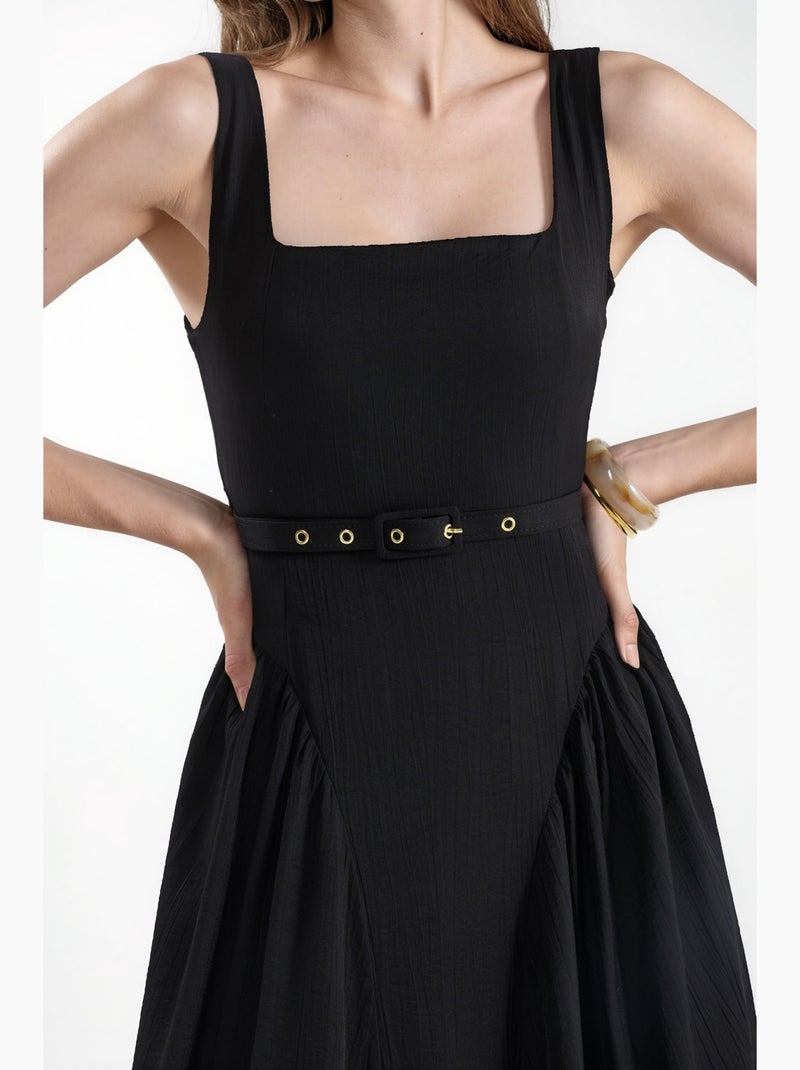 Vestido midi com gola quadrada e cinto busem Preto - Kiabi