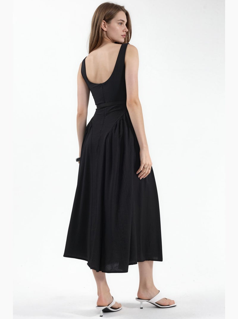 Vestido midi com gola quadrada e cinto busem Preto - Kiabi