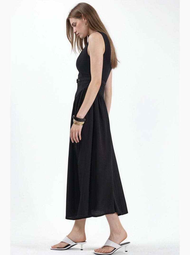 Vestido midi com gola quadrada e cinto busem Preto - Kiabi
