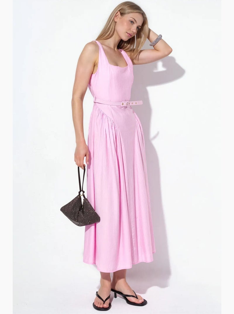 Vestido midi com gola quadrada e cinto busem Rosa - Kiabi
