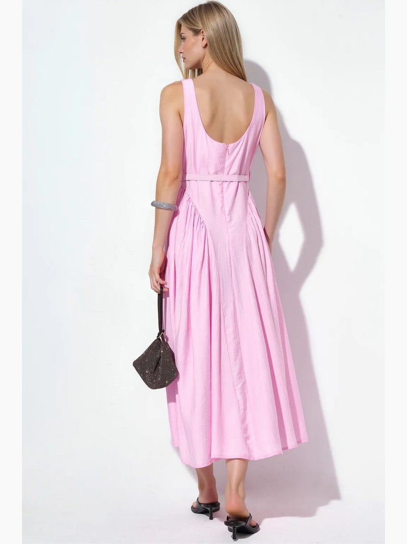 Vestido midi com gola quadrada e cinto busem Rosa - Kiabi
