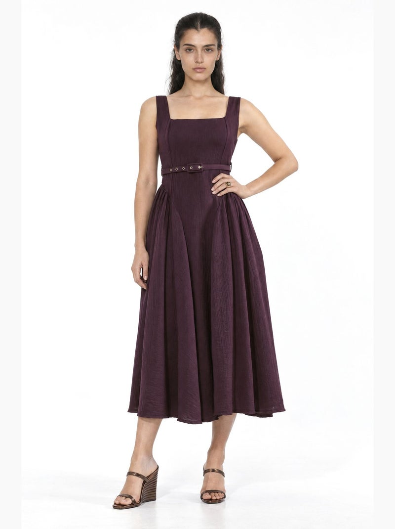 Vestido midi com gola quadrada e cinto busem Vermelho bordô - Kiabi