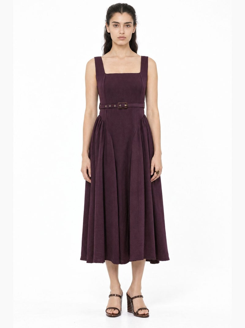 Vestido midi com gola quadrada e cinto busem Vermelho bordô - Kiabi