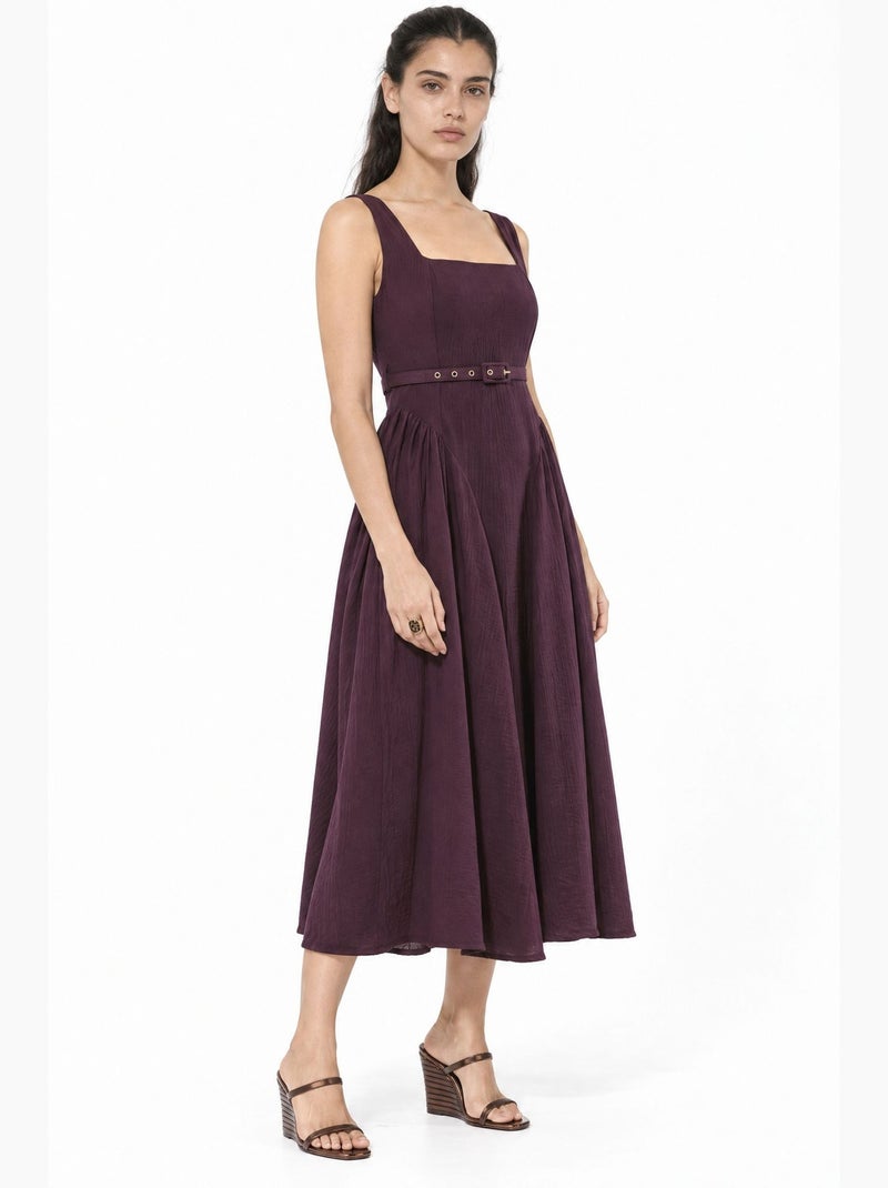 Vestido midi com gola quadrada e cinto busem Vermelho bordô - Kiabi