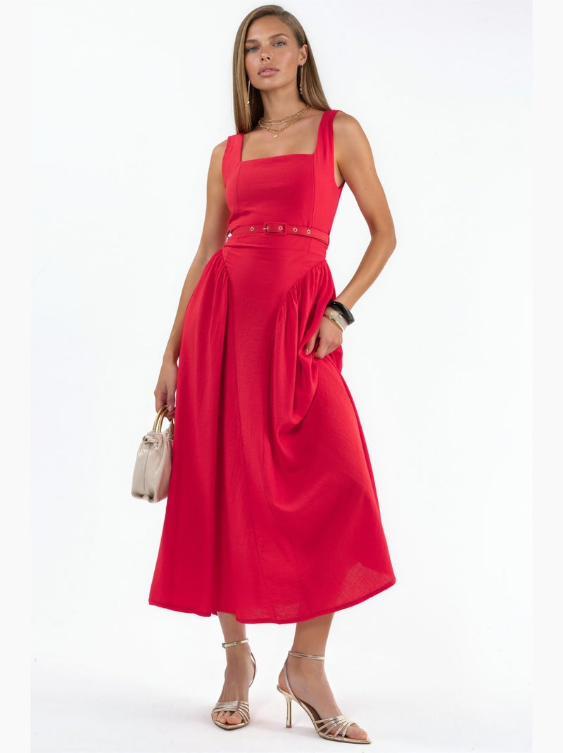 Vestido midi com gola quadrada e cinto busem Vermelho - Kiabi