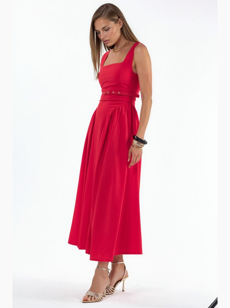 Vestido midi com gola quadrada e cinto busem Vermelho - Kiabi