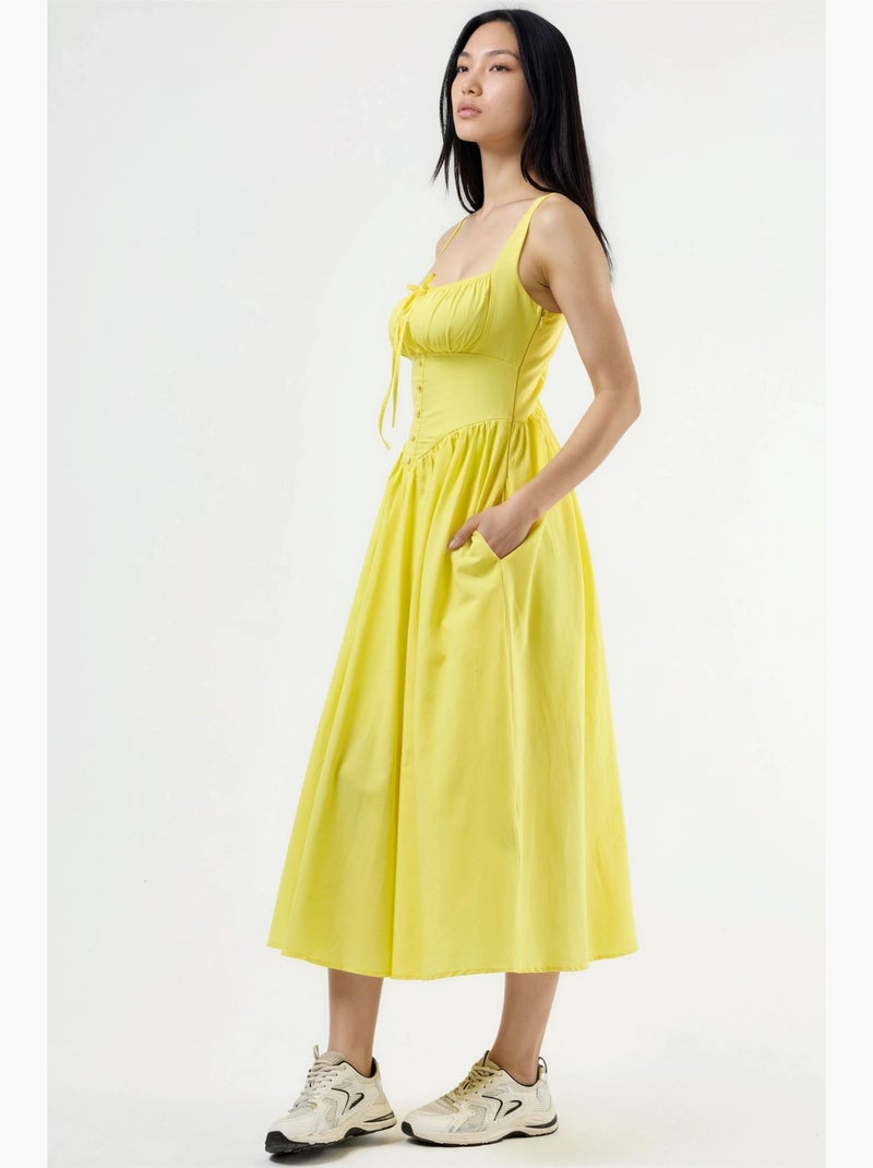 Vestido midi com gola quadrada e detalhe de botões busem Amarelo-limão - Kiabi