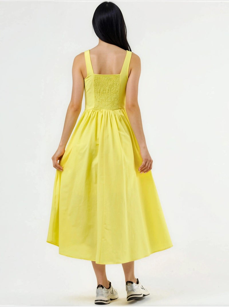 Vestido midi com gola quadrada e detalhe de botões busem Amarelo-limão - Kiabi