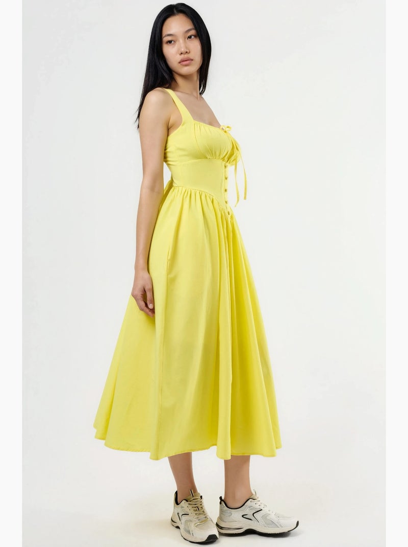 Vestido midi com gola quadrada e detalhe de botões busem Amarelo-limão - Kiabi