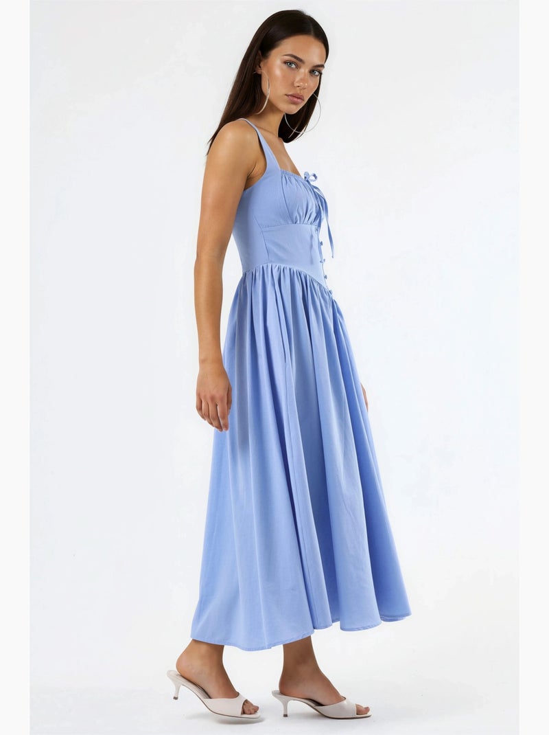 Vestido midi com gola quadrada e detalhe de botões busem Azul-céu - Kiabi
