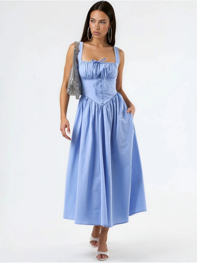 Vestido midi com gola quadrada e detalhe de botões busem Azul-céu - Kiabi