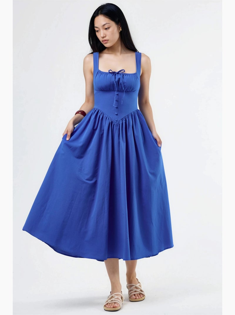 Vestido midi com gola quadrada e detalhe de botões busem Azul-cobalto - Kiabi