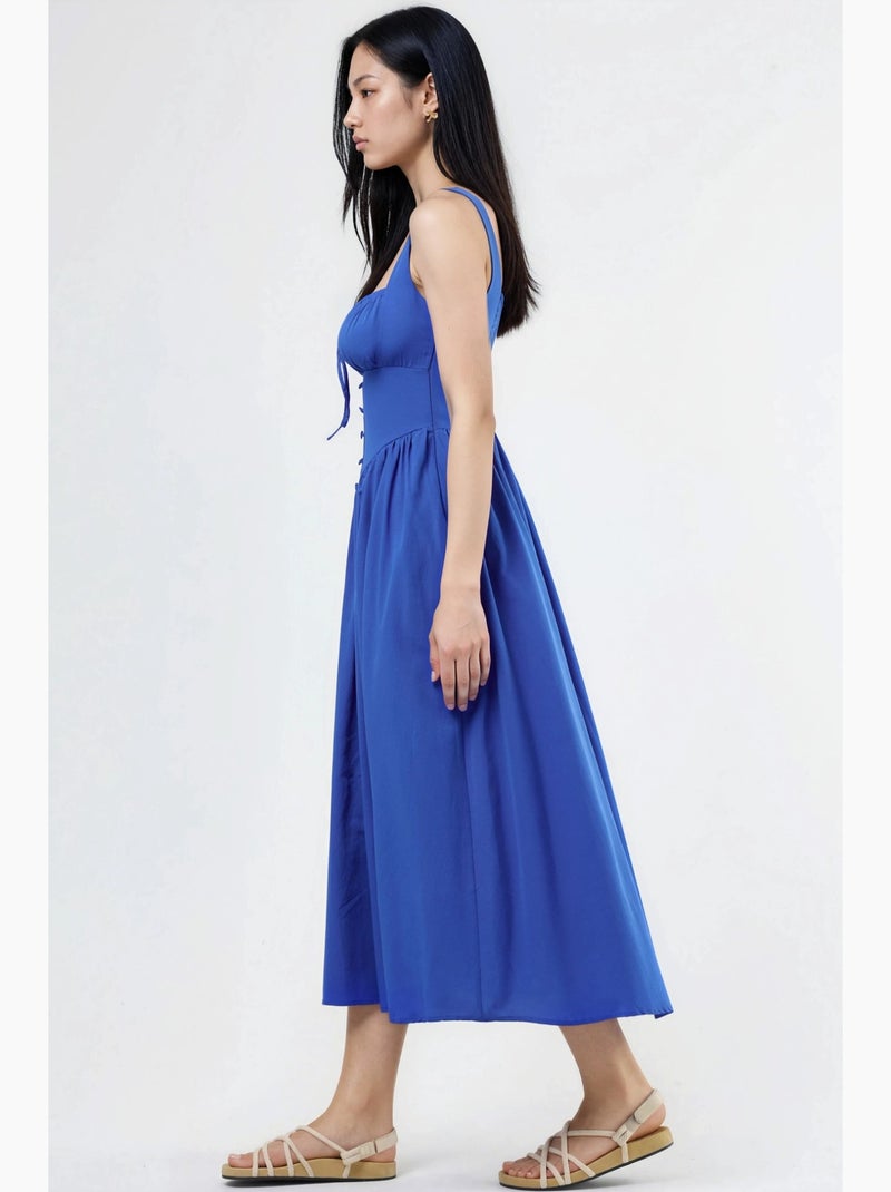 Vestido midi com gola quadrada e detalhe de botões busem Azul-cobalto - Kiabi