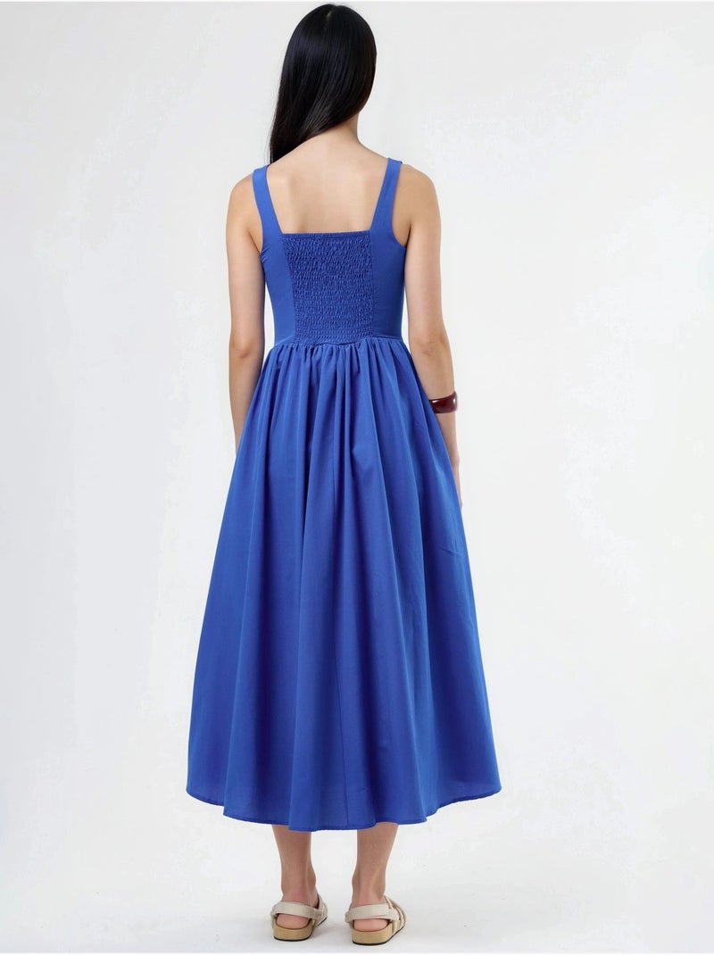 Vestido midi com gola quadrada e detalhe de botões busem Azul-cobalto - Kiabi