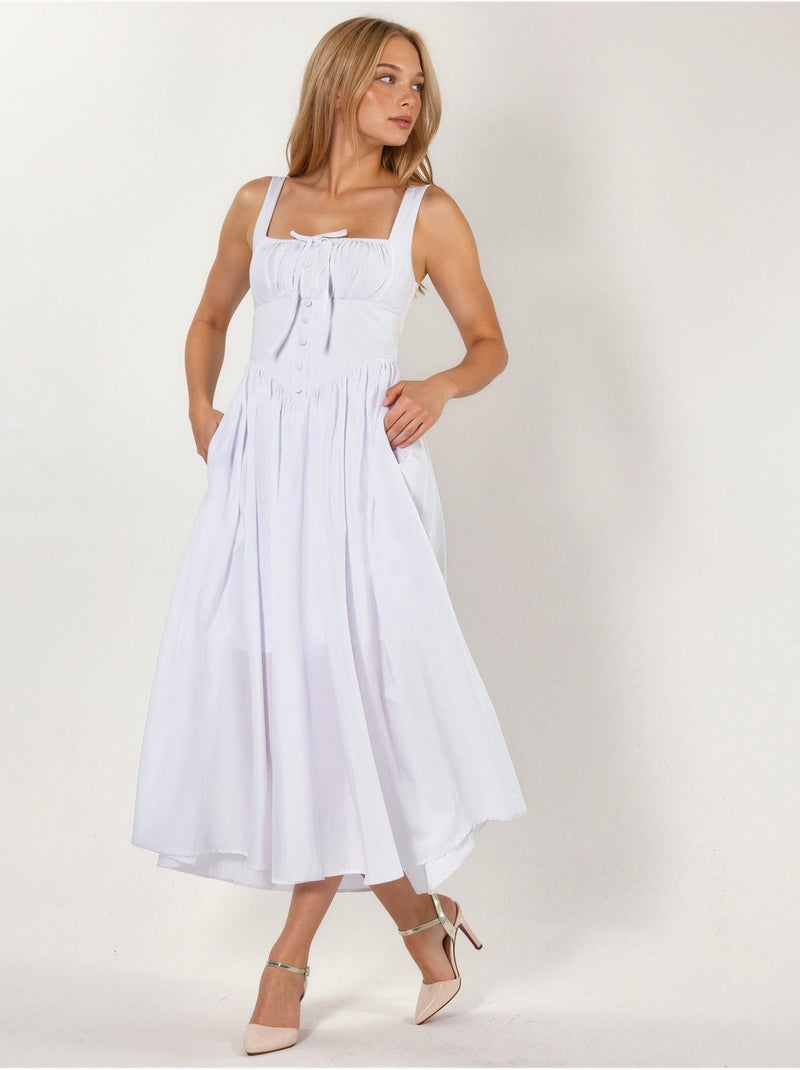 Vestido midi com gola quadrada e detalhe de botões busem Branco - Kiabi