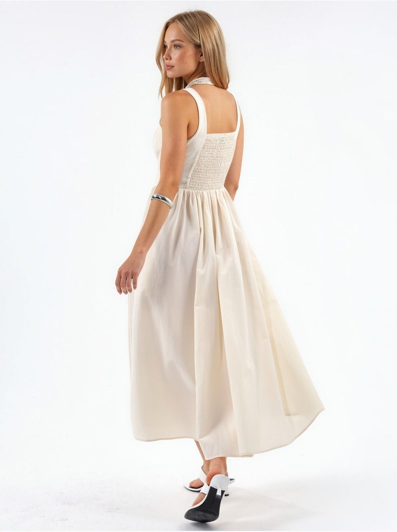 Vestido midi com gola quadrada e detalhe de botões busem Branco sujo - Kiabi