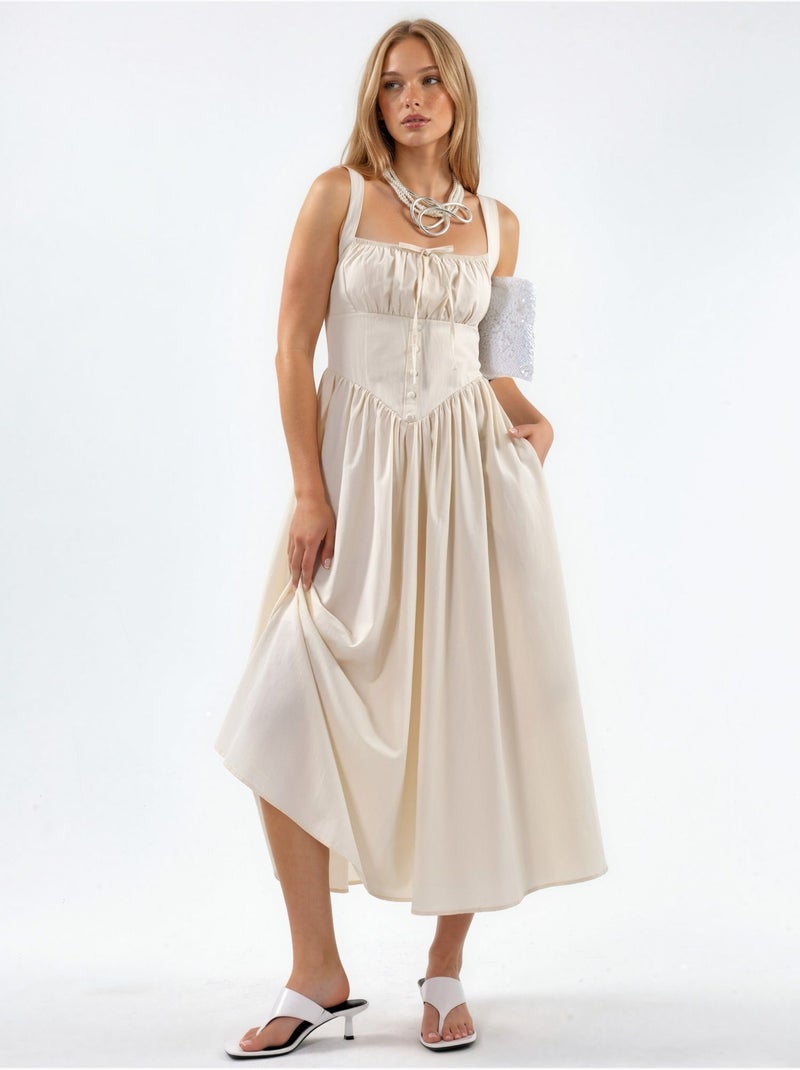 Vestido midi com gola quadrada e detalhe de botões busem Branco sujo - Kiabi