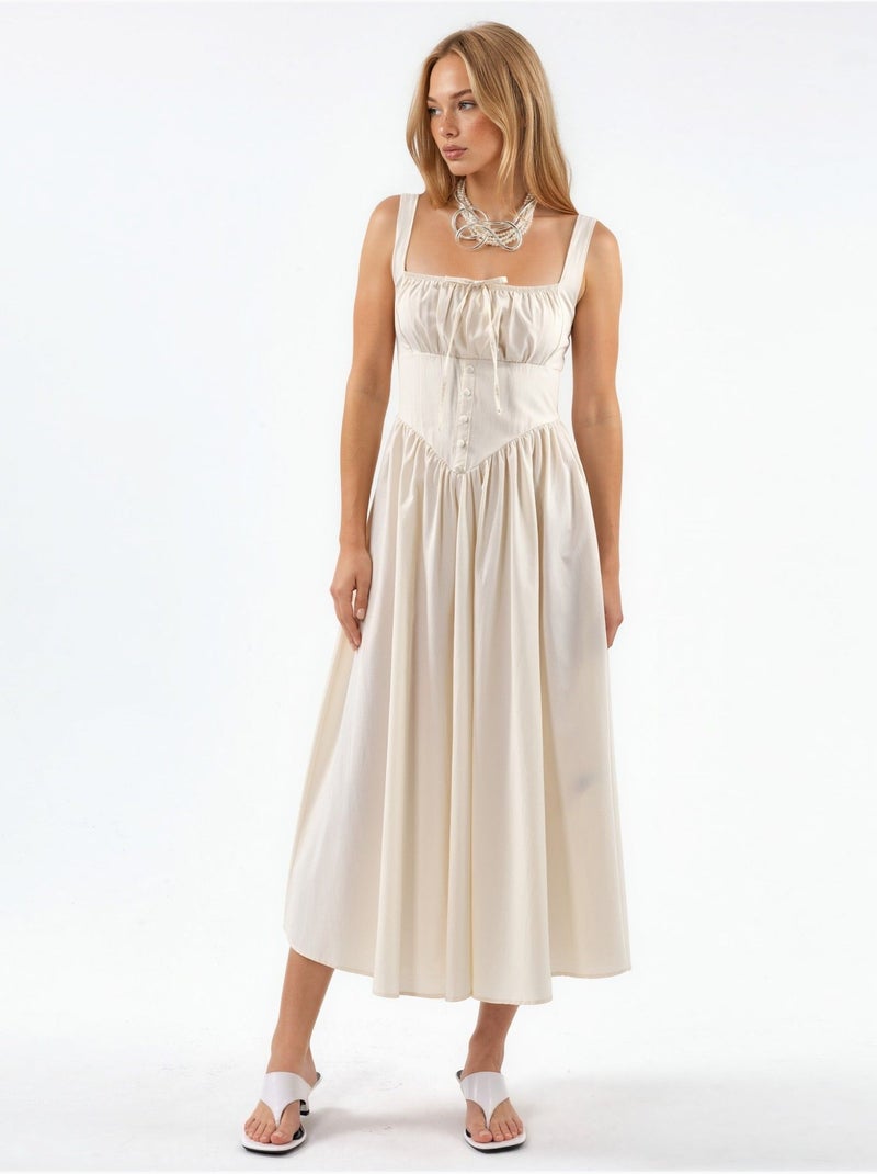 Vestido midi com gola quadrada e detalhe de botões busem Branco sujo - Kiabi
