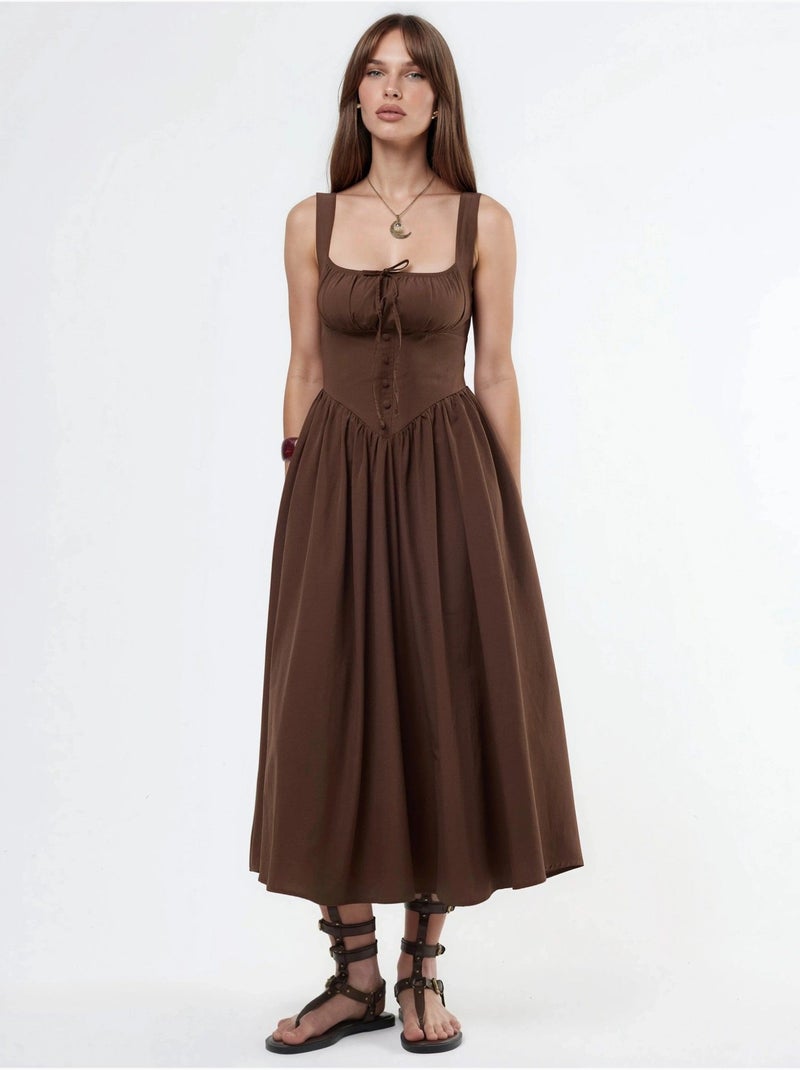Vestido midi com gola quadrada e detalhe de botões busem Castanho-claro - Kiabi