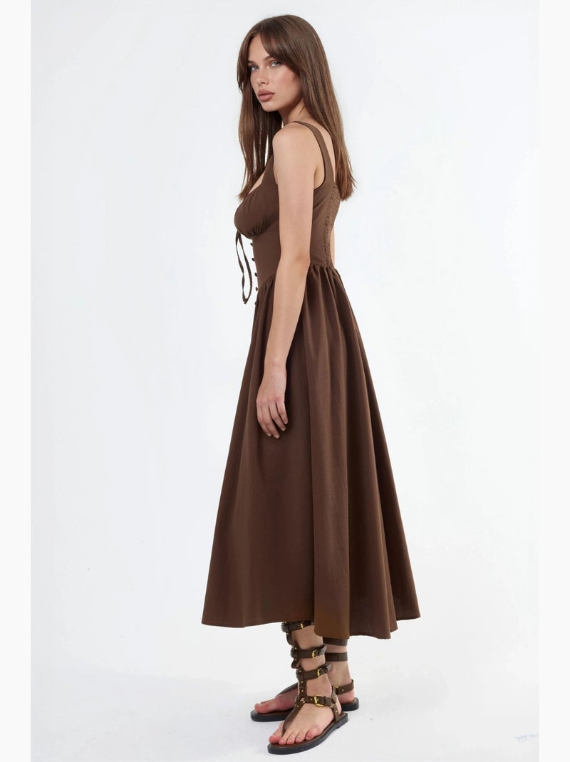 Vestido midi com gola quadrada e detalhe de botões busem Castanho-claro - Kiabi
