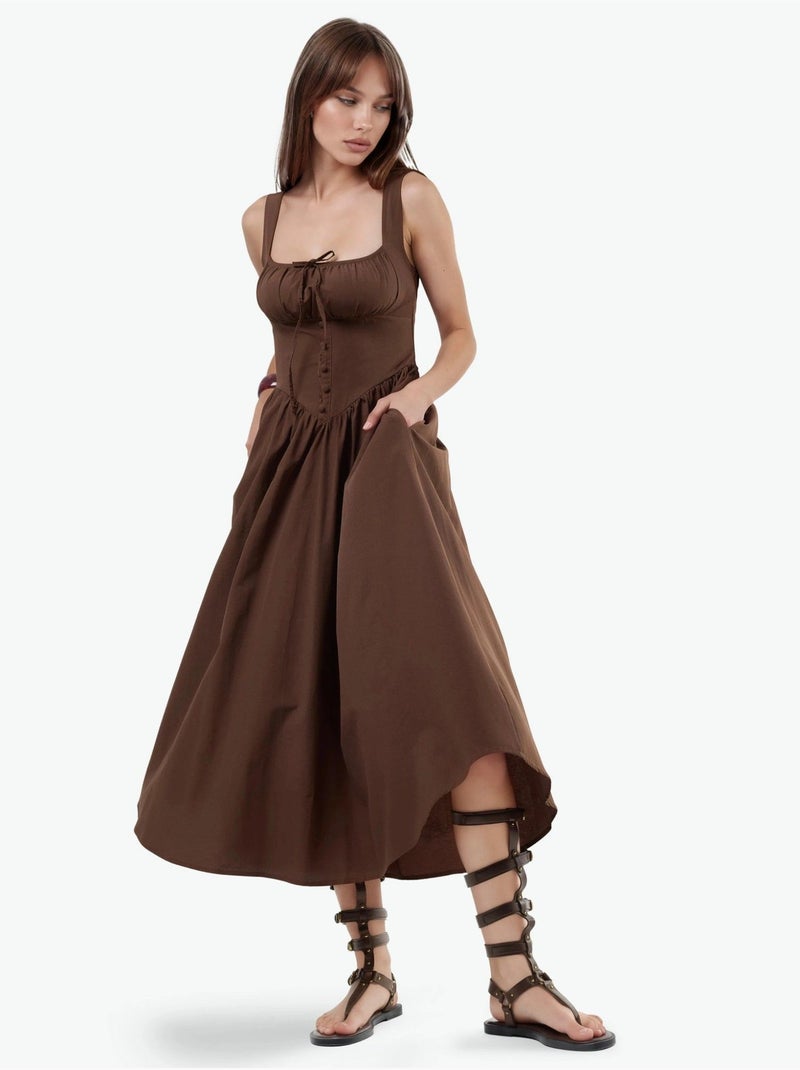 Vestido midi com gola quadrada e detalhe de botões busem Castanho-claro - Kiabi